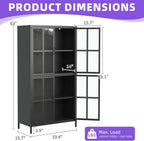 Metal Sideboard Buffet Cabinet with Storage, H63 Tall Kitchen Cabinet with 4 Tempered Doors and Shelf, Steel Coffee Bar Storage Cabinet for Kitchen Dining Living Room