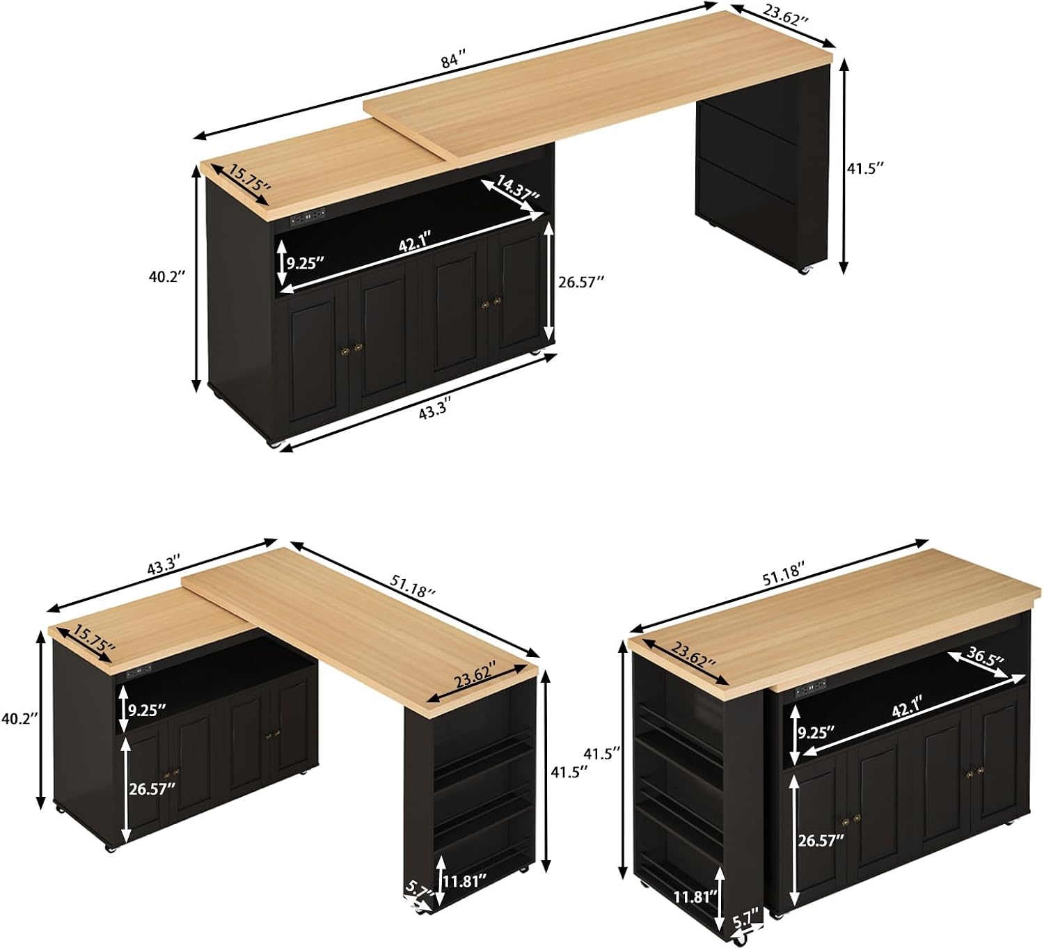 84’’ Rolling Kitchen Island with Swivel Table, Islands Cart with LED Lights, Power Outlet, Movable Storage Cabinet with Side Tabletop on Wheels, for Living Room, Home Bar, Black