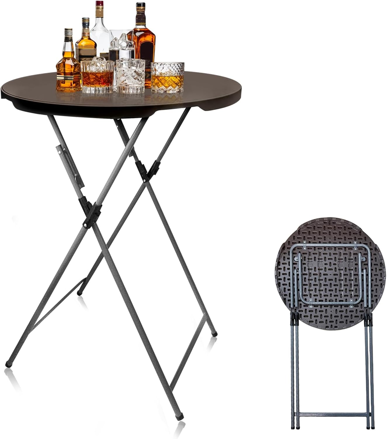 32in Round Folding Cocktail Table Bar Height Brown 1 Pack | 32in round bar height folding cocktail table,detachable legs,portable,indoor outdoor use for weddings parties events, 1 pack