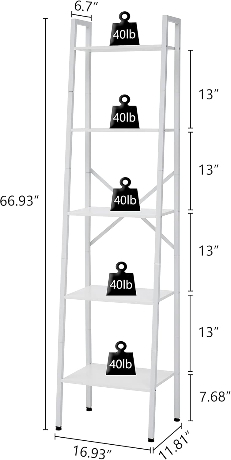 Hoctieon 5-Tier Industrial Ladder Bookshelf, Narrow Ladder Shelf, Tall Standing Bookshelf, Skinny Open Ladder Shelf, for Living Room, Home Office, Kitchen, Bedroom, Metal Frame, White