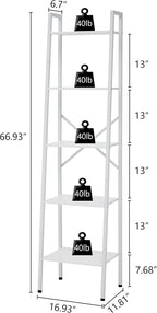 Hoctieon 5-Tier Industrial Ladder Bookshelf, Narrow Ladder Shelf, Tall Standing Bookshelf, Skinny Open Ladder Shelf, for Living Room, Home Office, Kitchen, Bedroom, Metal Frame, White