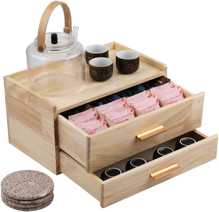 Tea Organizers with Drawer Wooden Tea Box | Teabag Holder with 4 Cotton Woven Coasters，Wooden Storage Box with Drawer