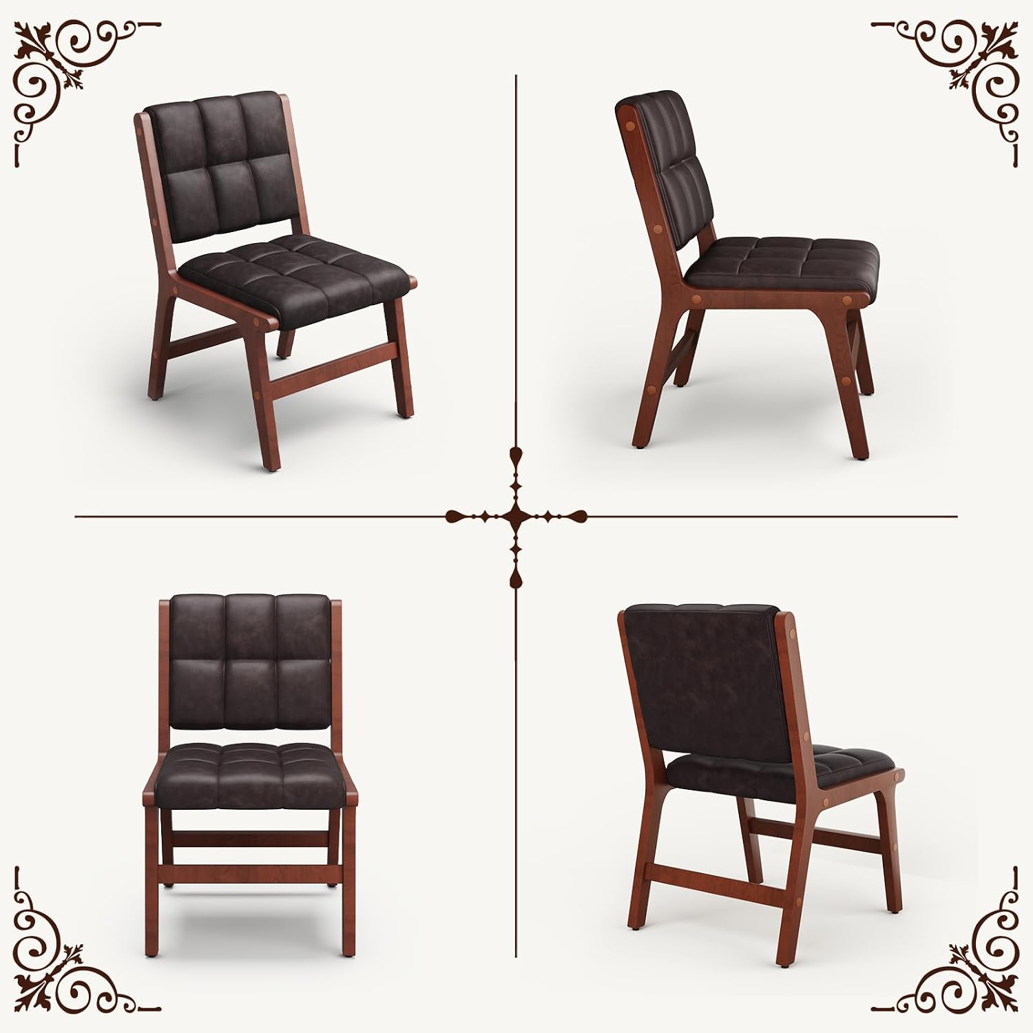 Furniliving Oak Wooden Dining Chairs Set of 2, Mid-Century Modern Leather Upholstered Kitchen Chair, Farmhouse Dining Room Chairs with Wide Seat, Brown