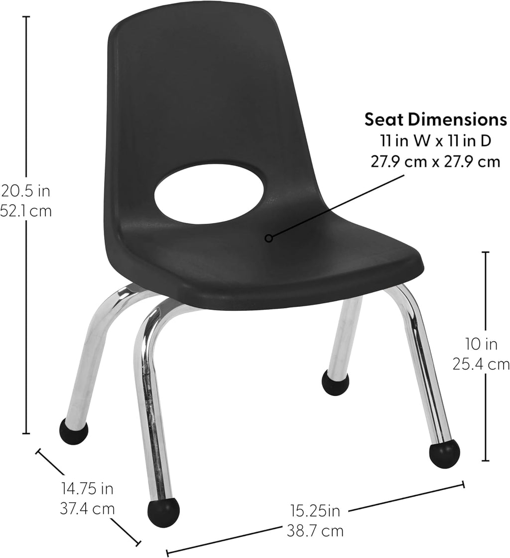 FDP 10" School Stack Chair, Stacking Student Seat with Chromed Steel Legs and Ball Glides For In-Home Learning or Classroom - Black (6-Pack), 10355-BK