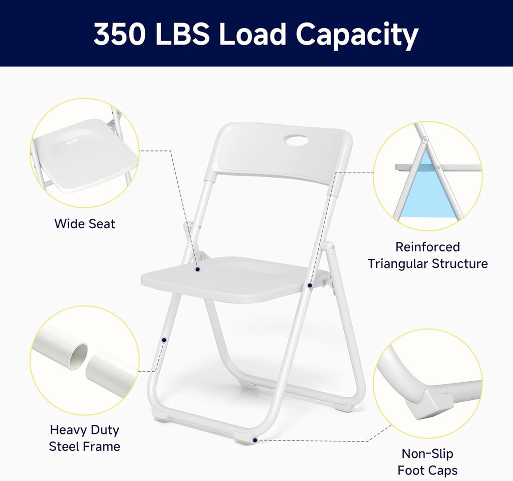 6 Pack White Plastic Folding Chairs, Lightweight Foldable Chair with 350lbs Capacity, Portable Seat with Sturdy Steel Frame for Indoor & Outdoor Use