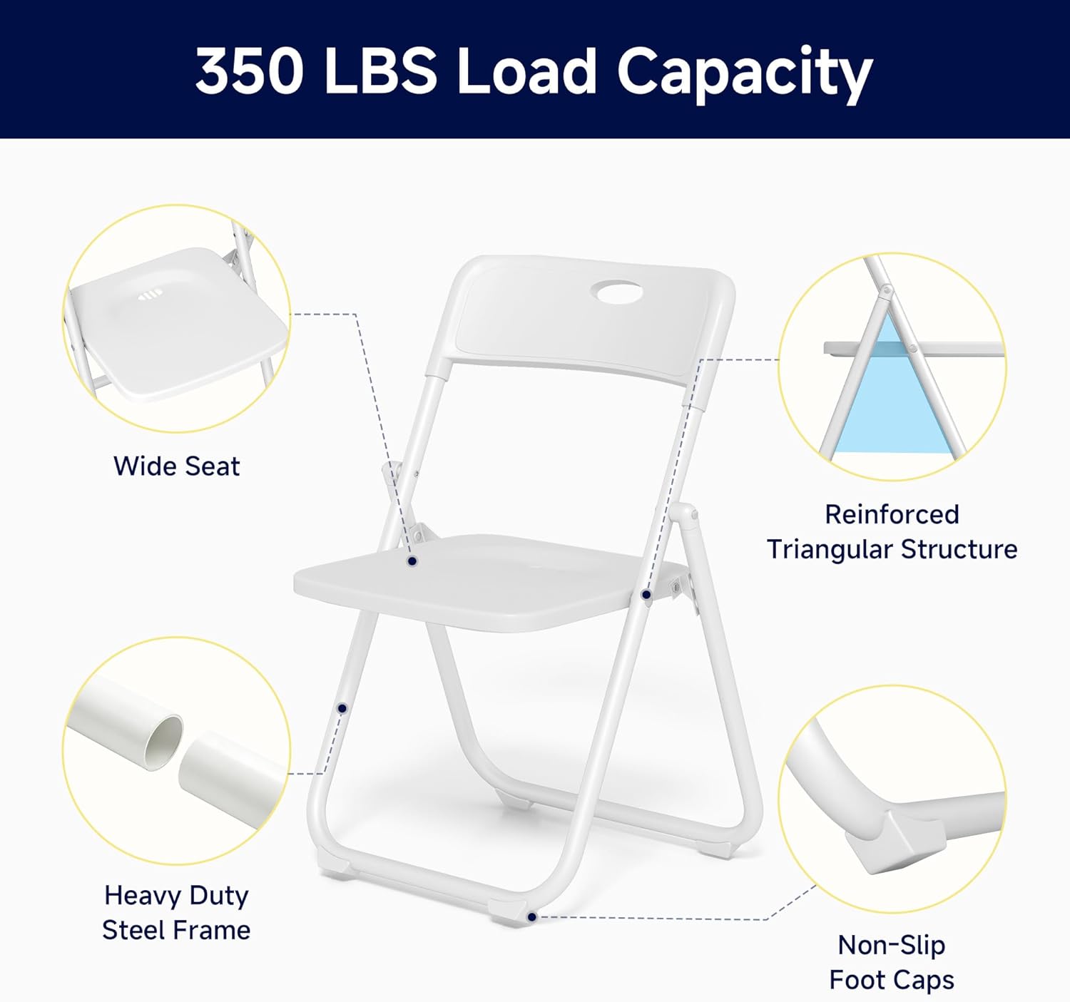 6 Pack White Plastic Folding Chairs, Lightweight Foldable Chair with 350lbs Capacity, Portable Seat with Sturdy Steel Frame for Indoor & Outdoor Use