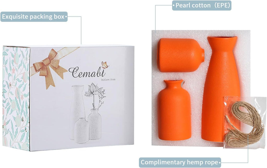 CEMABT Ceramic Orange Vases Set of 3 Small Flower Vases for Decor, Modern Rustic Farmhouse Home Decor, Decorative Vases for Pampas Grass,Idea Shelf,Table,Bookshelf,Entryway- Distressed Decor