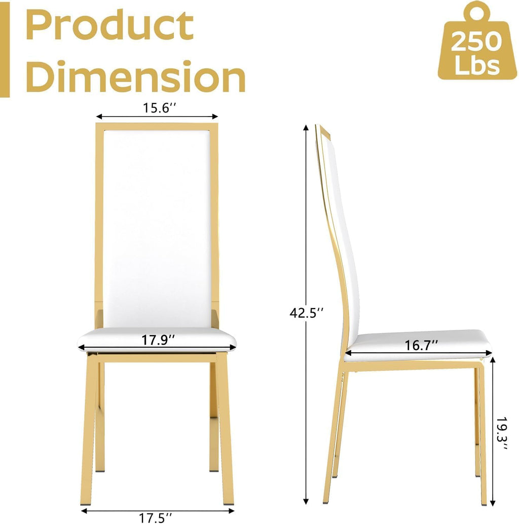 Modern Dining Chairs Set of 4, White Willow Leaf Pattern with Chrome Gold Metal Legs, Curved High Back Design & Cloud Cushioning, Mid-Century Kitchen Chairs with Non-Slip Feet(Easy Assembly)