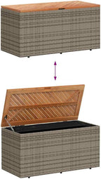 Patio Storage Box Outdoor Gray Resin Wicker Bench 43.3"x19.7"x21.3" with Acacia Wood Lid for Cushions Towels Backyard Deck Porch Weather Resistant Furniture