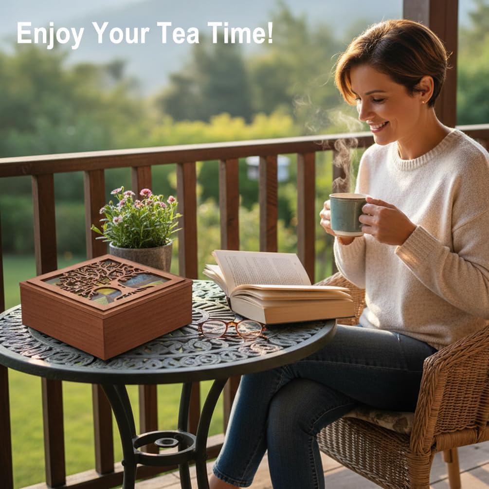 Wood Tea Box Organizer,Tea Organizers and Storage with Tree Pattern,Tea Bag Holder,Decorative Tea Storage Organizer Box,9 Compartments Tea Organizer for Tea Bags Coffee