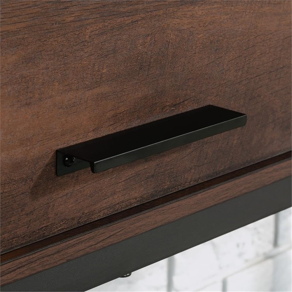 Pemberly Row Contemporary Hutch, 60 in Wide, Engineered Wood and Metal, Barrel Oak Finish, Attaches to Computer Desk, Barrister Door, 2 Adjustable Shelves, Office Storage Organizer