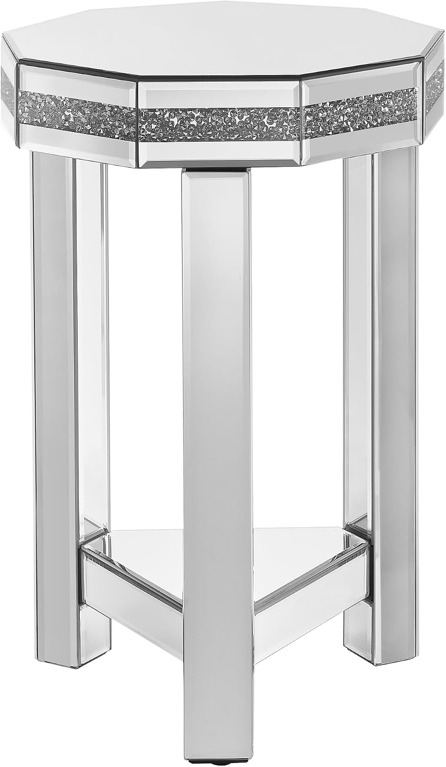 Henf 2-Tiers Silver Mirrored End Table for Small Space, Crystal Decor Mirrored Octagon Side Table Accent Table for Living Room, Octagon Bedside Nightstand for Bedroom, 13.8''x13.8''x21''