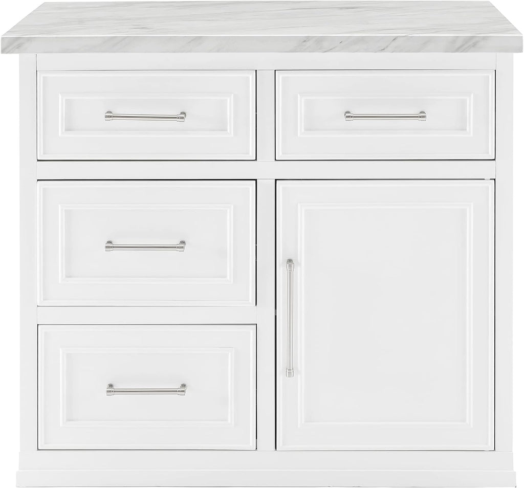 Crosley Furniture Cutler Faux Marble Top Kitchen Island with Storage, Breakfast Bar, Microwave Stand, White