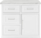Crosley Furniture Cutler Faux Marble Top Kitchen Island with Storage, Breakfast Bar, Microwave Stand, White