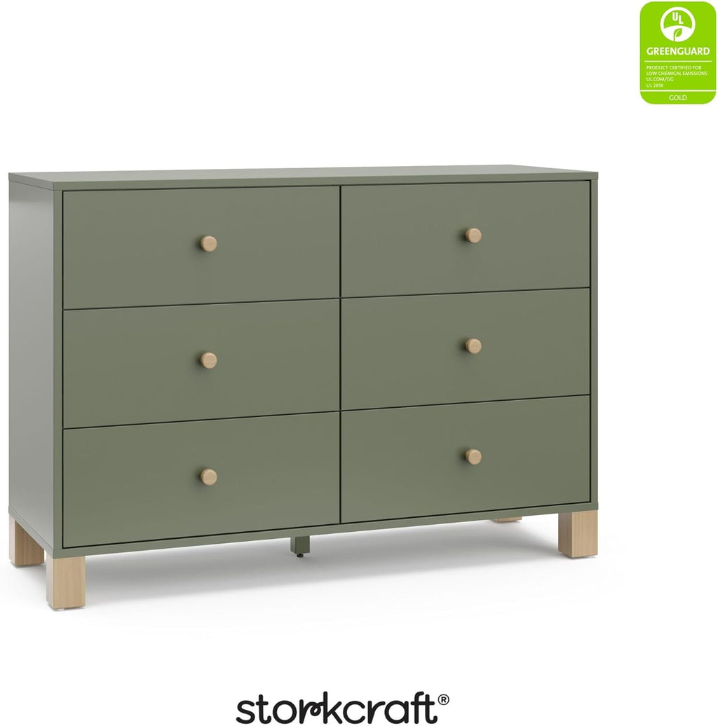 Storkcraft California 6-Drawer Double Dresser, Olive with Driftwood | GREENGUARD Gold Certified, Wood Dresser, Spacious Storage Organizer for Kids Bedroom, Safety Interlocking Drawer System