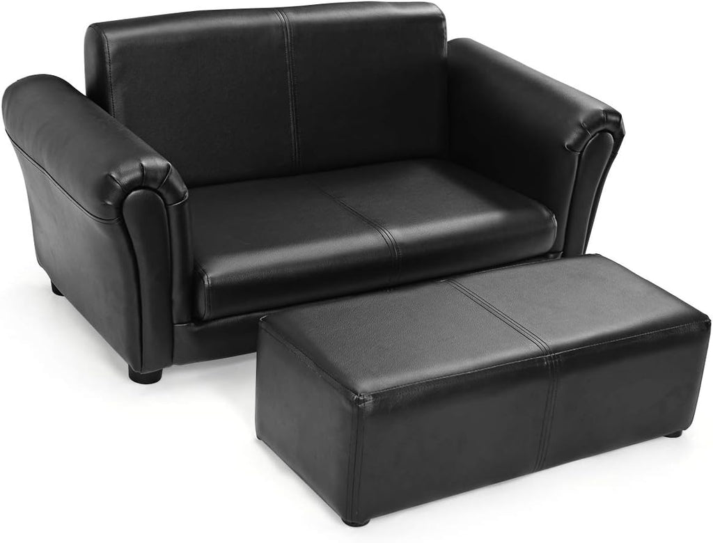 HONEY JOY Kids Sofa, 2 Seat Toddler Couch Lounge Bed with Ottoman, Sturdy Wood Construction, Children PU Leather Upholstered Loveseat Armrest Chair for Bedroom Living Room, Double Seat w/Stool (Black)