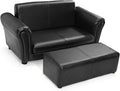 HONEY JOY Kids Sofa, 2 Seat Toddler Couch Lounge Bed with Ottoman, Sturdy Wood Construction, Children PU Leather Upholstered Loveseat Armrest Chair for Bedroom Living Room, Double Seat w/Stool (Black)
