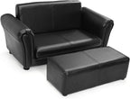HONEY JOY Kids Sofa, 2 Seat Toddler Couch Lounge Bed with Ottoman, Sturdy Wood Construction, Children PU Leather Upholstered Loveseat Armrest Chair for Bedroom Living Room, Double Seat w/Stool (Black)