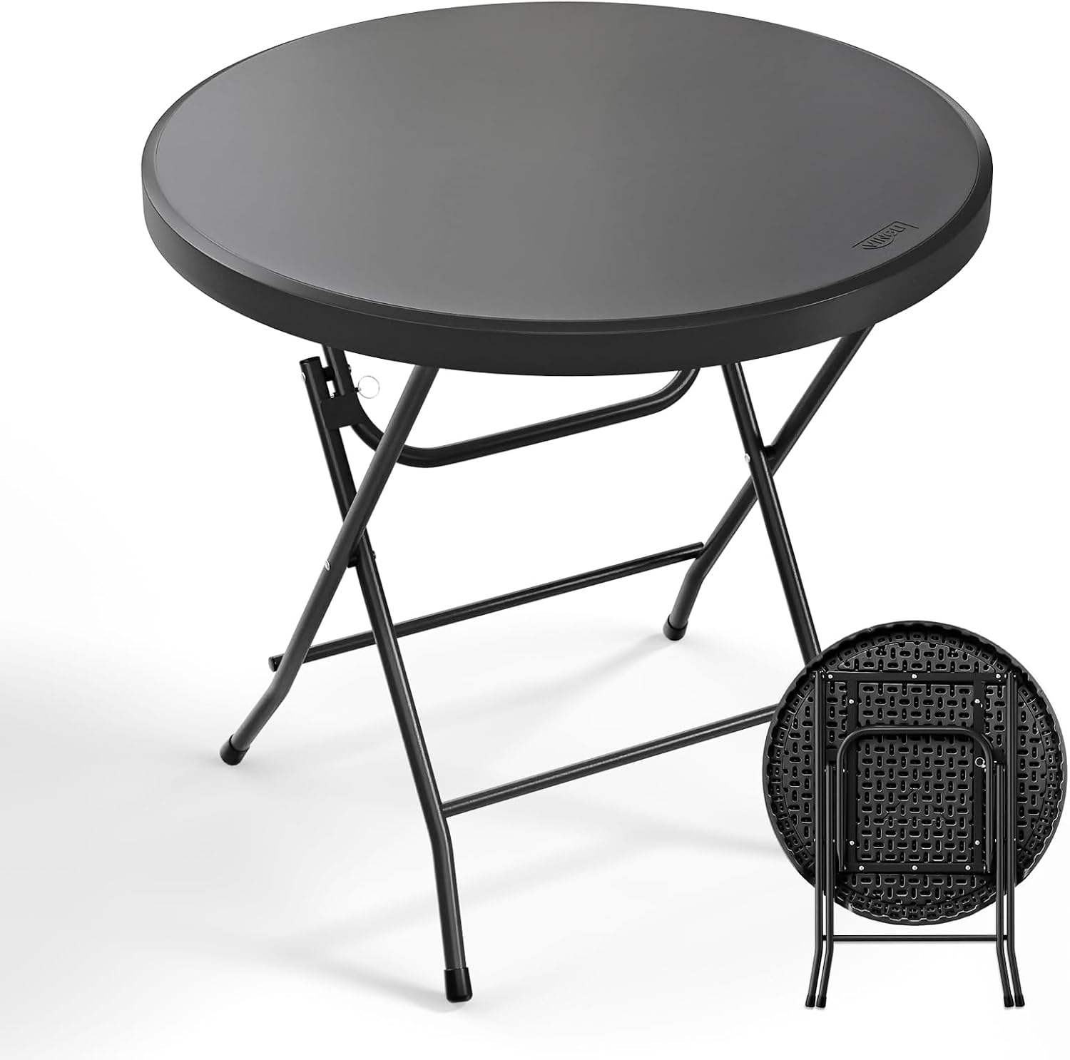 Bonnlo Round Folding Table 32 inch, HDPE Plastic Small Tabletop with Steel Frame Foldable Card Table for Indoor Outdoor Outside Dining, Party and Commercial Event, Black
