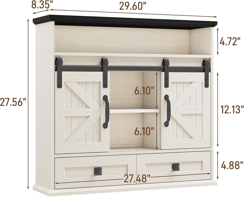 Vabches Bathroom Wall Cabinet, Farmhouse Medicine Cabinet with Double Sliding Barn Door and Storage Drawer, Wooden Vintage Storage Cabinet Wall Mounted for Bathroom, Kitchen, Rustic White and Black