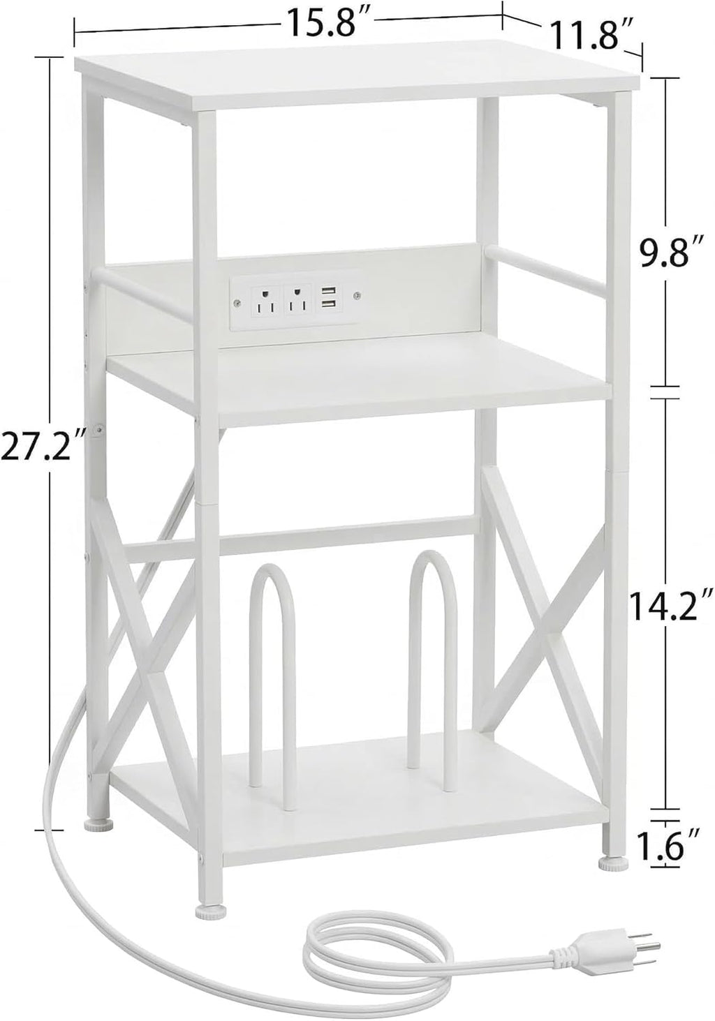 DALEMHOME Record Player Stand with Charging Station, 3-Tier Side Table for 100 Vinyl Storage, End Table for Living Room, Bedroom, White HKET1001WT