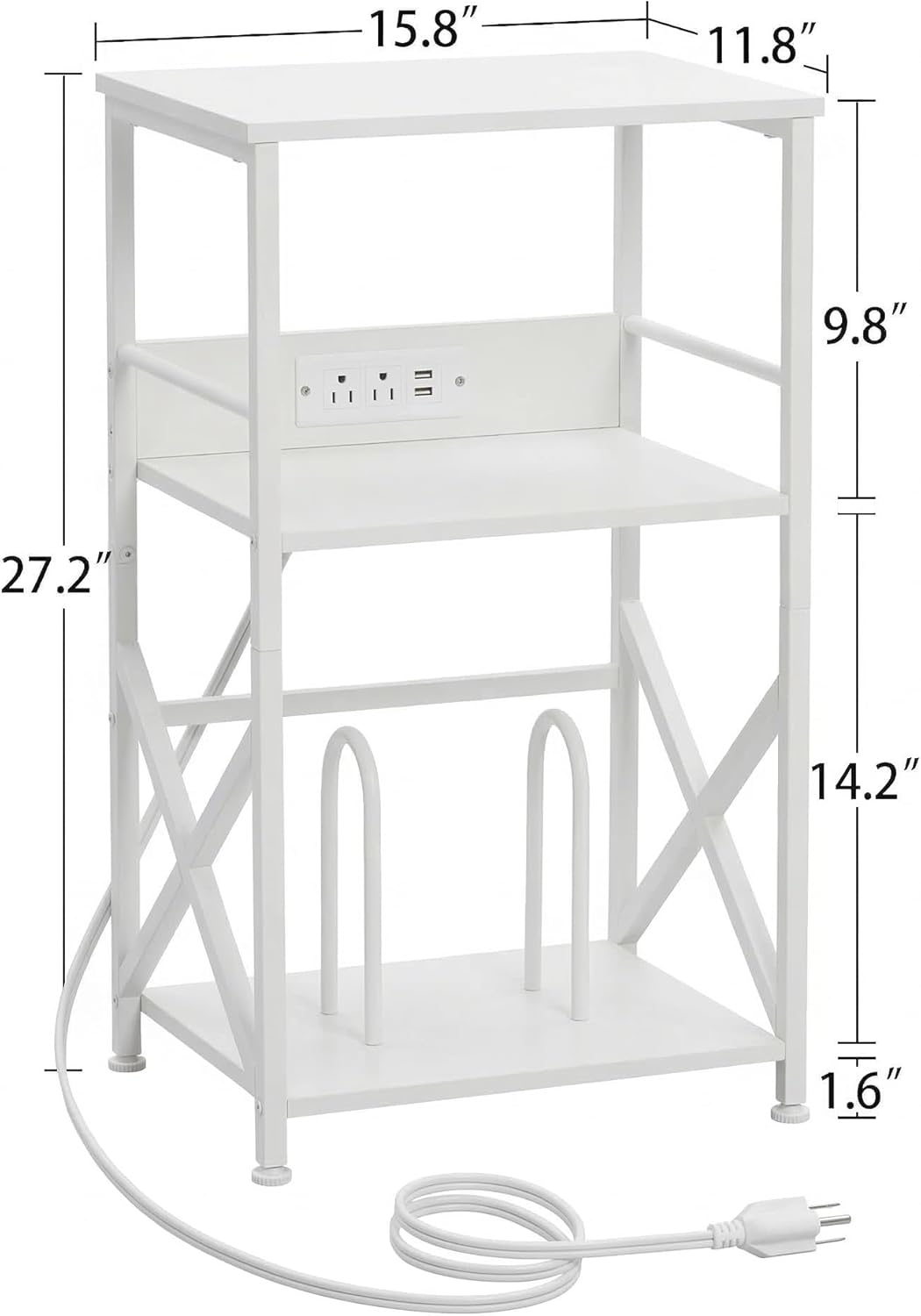 DALEMHOME Record Player Stand with Charging Station, 3-Tier Side Table for 100 Vinyl Storage, End Table for Living Room, Bedroom, White HKET1001WT