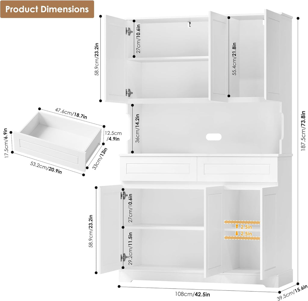 FACBOTALL 74" Pantry Cabinet, Tall Kitchen Pantry Cabinet with 6 Doors and 2 Drawers, Kitchen Hutch with Wide Countertop, Modern Kitchens Cupboard with Adjustable Shelves and Charge Holes, White