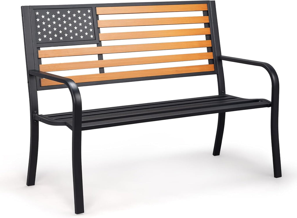 VINGLI Outdoor Metal Bench, 50in Weatherproof Garden Bench w/American Flag Style, 2-Person Sturdy Steel Patio Bench for Front Porch Yard Park