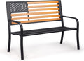 VINGLI Outdoor Metal Bench, 50in Weatherproof Garden Bench w/American Flag Style, 2-Person Sturdy Steel Patio Bench for Front Porch Yard Park