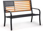 VINGLI Outdoor Metal Bench, 50in Weatherproof Garden Bench w/American Flag Style, 2-Person Sturdy Steel Patio Bench for Front Porch Yard Park