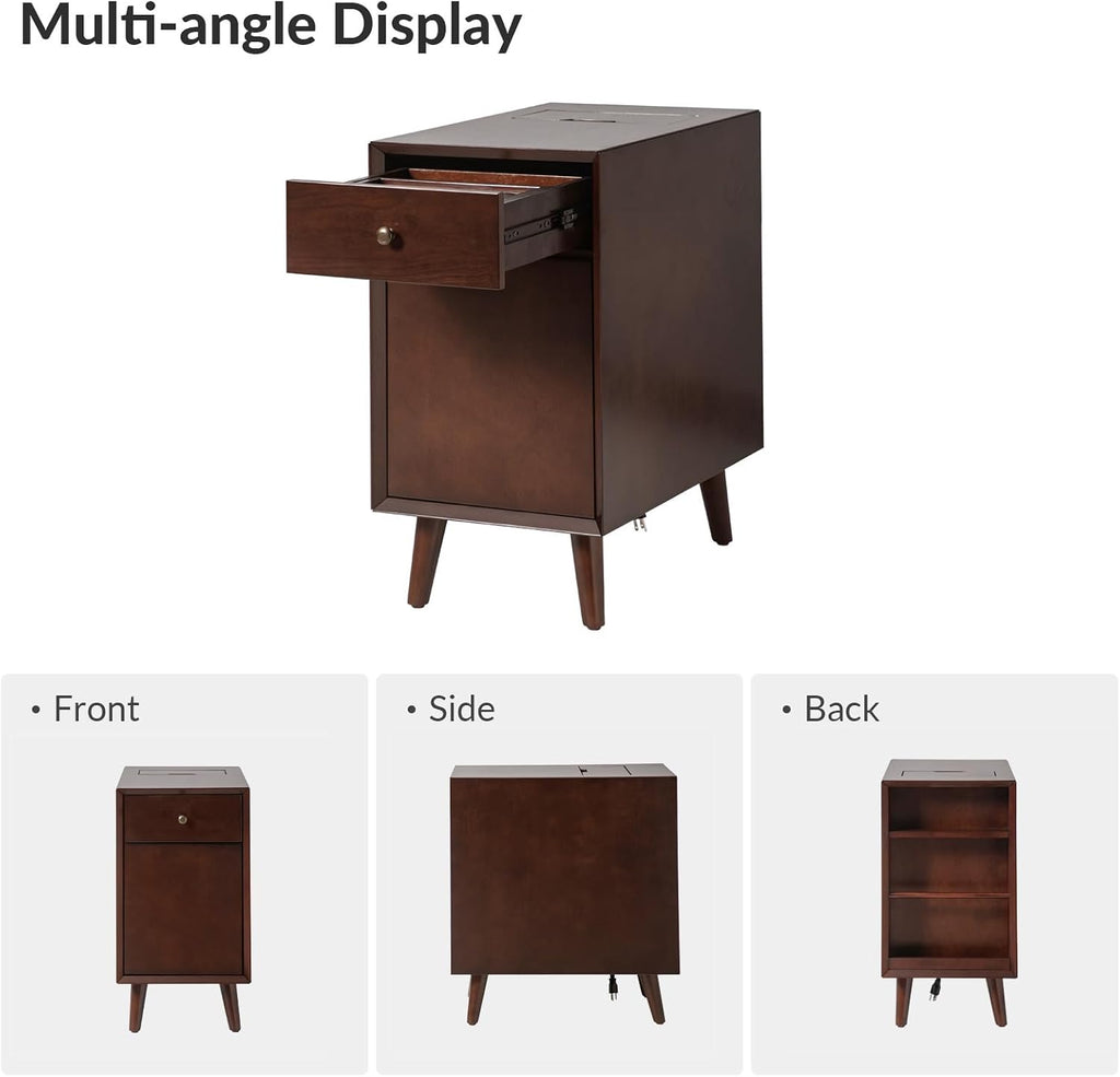 Mid Century Modern End Table with Charging Station, Wooden Side Table with USB Ports and Outlets, Narrow Beside Accent Table with Cup Holder & Magazine Rack, Walnut