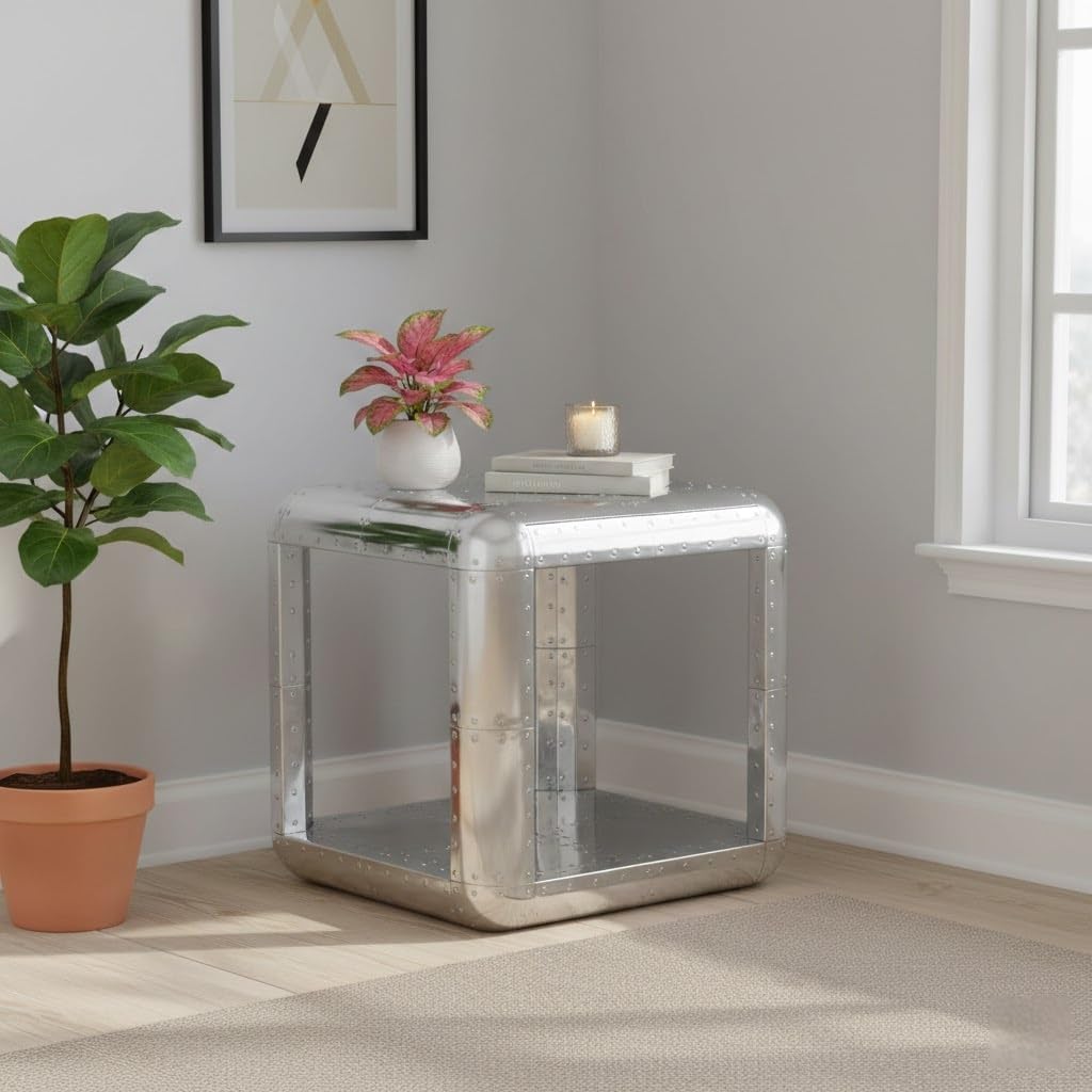 Aviator Side Table with Small Drawer Aluminum Finish Industrial Riveted Accent Table