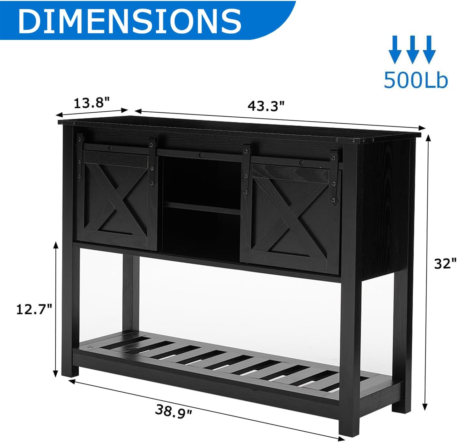 Entryway Table with Storage, Farmhouse Buffet Cabinet Coffee Bar Kitchen Island with Sliding Barn Doors & Shelves, Console Table for Kitchen, Dining Room, Living Room, Black