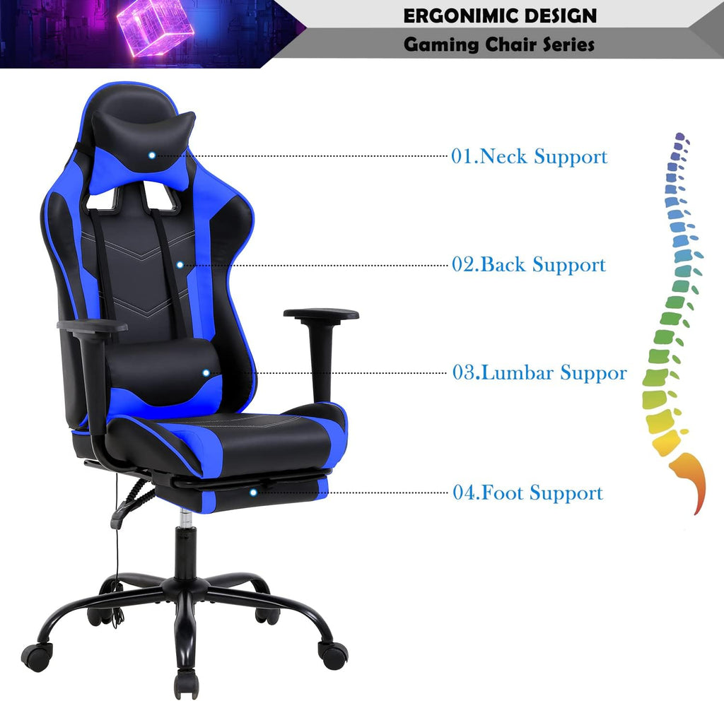Gaming Chair, Height Adjustable Swivel Rolling Chair with Headrest Footrest and Massage Lumbar Support, PU High Back Ergonomic PC Chair for Office or Gaming, Office Gaming Chair