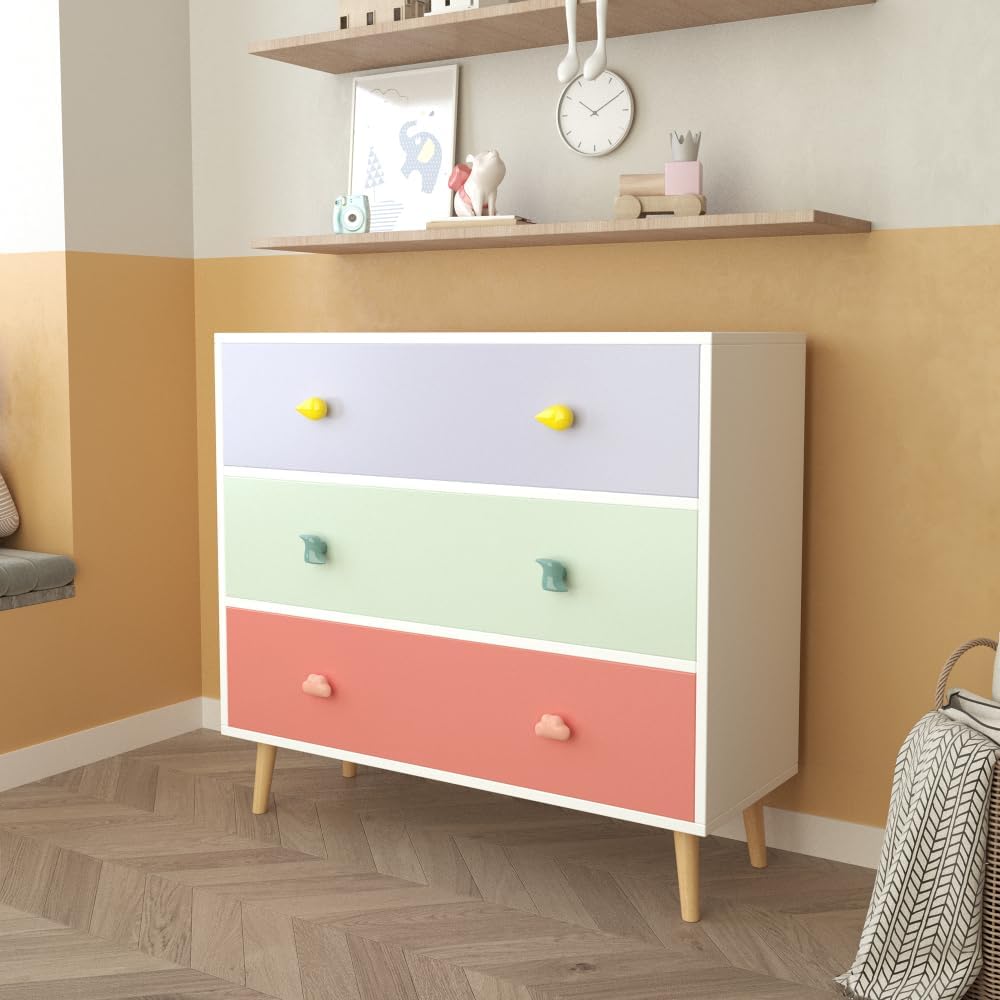 Modern Nightstand with 3 Drawer, Wooden Bedside Table for Kids Room, Toddler Childs Storage Cabinet with Euro Glides, Safety Anti-Tip Design, Easy Assembly, Colorful Finish, 2026 Upgrade (Colorful)