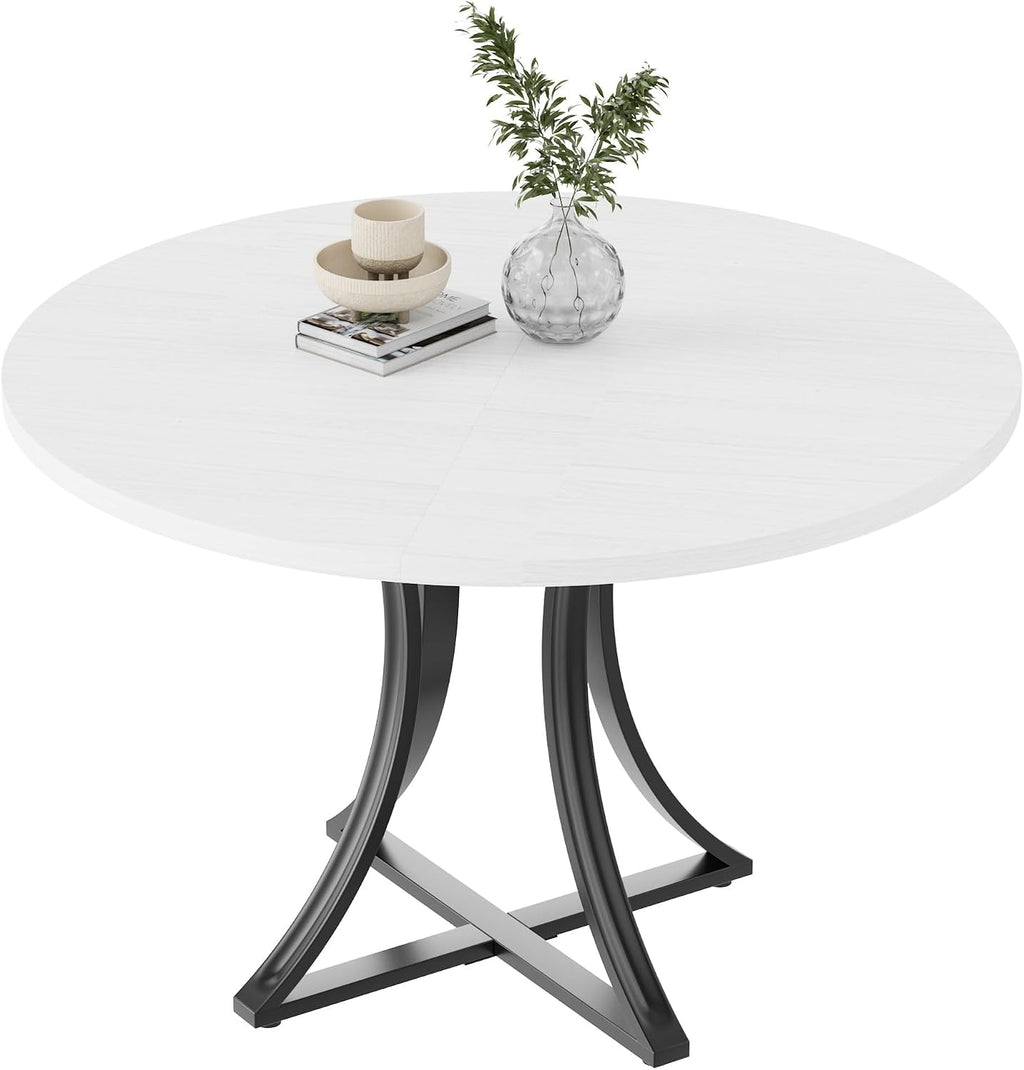 Modern Industrial Round Dining Table 47 Inch, x-Shaped Stable Pedestal, Space-Saving Small Kitchen Table for 4-6 People, Easy to Assemble for Dining Room Living Room,White