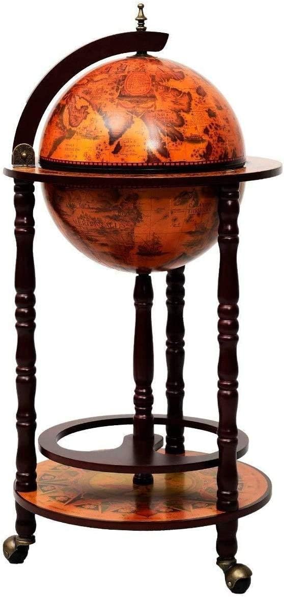 17" Wooden Globe Wine Rack, Wooden Globe Wine Bar Stand, Freely Movable Stable Liquor Bottle Shelf, Nautical Chart Wine Storage Cabinet, 16th Century Retro Wine Cupboard, Retro Brown