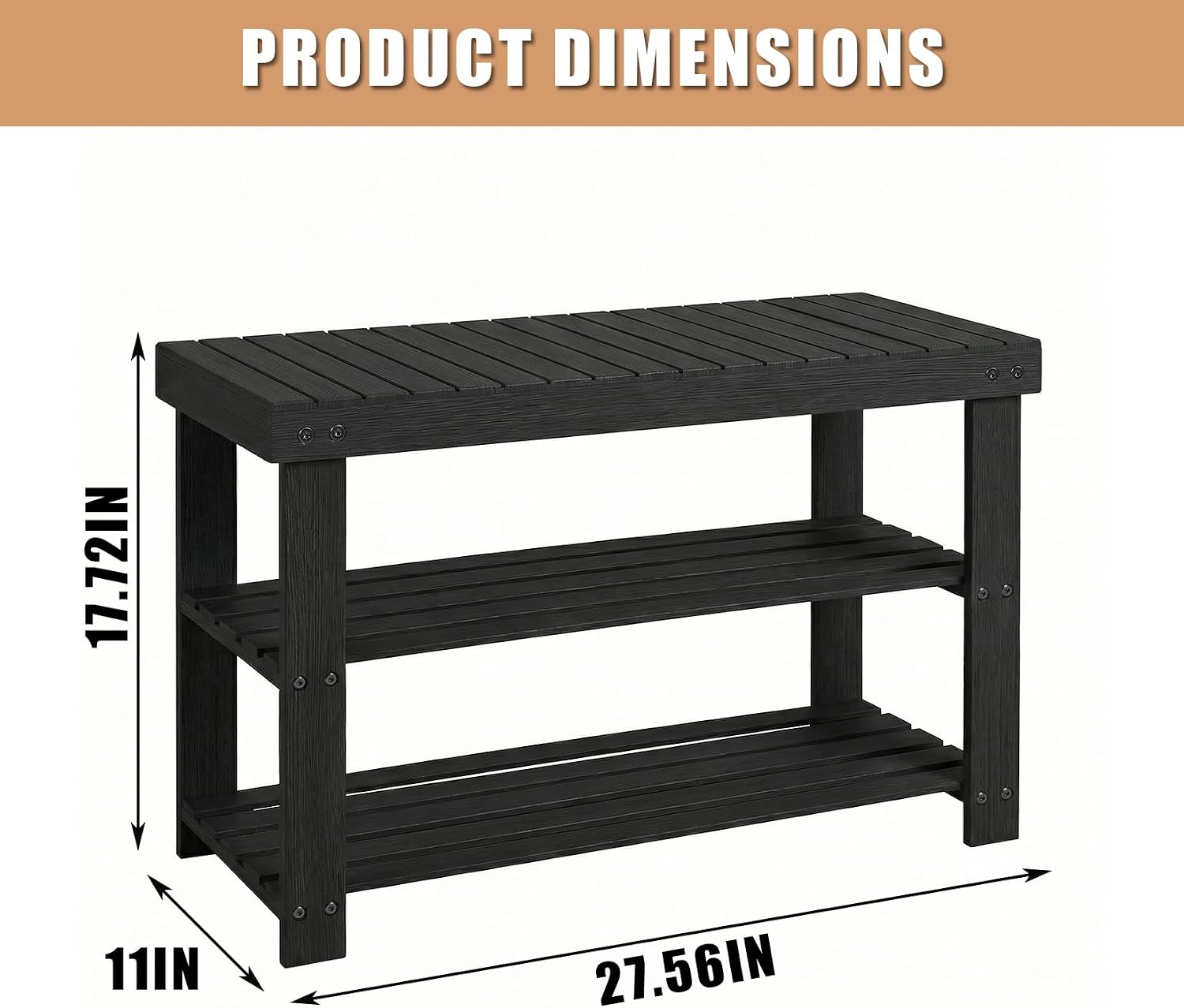 Shoe Rack Bench, 3 Tier Shoe Storage Bench, 28 Inch Bamboo Shoe Organizer, Entryway Bench Home Decor, Holds Up to 286 lb, Side Table, for Mudroom Hallway Bedroom Living Room Closet, Black