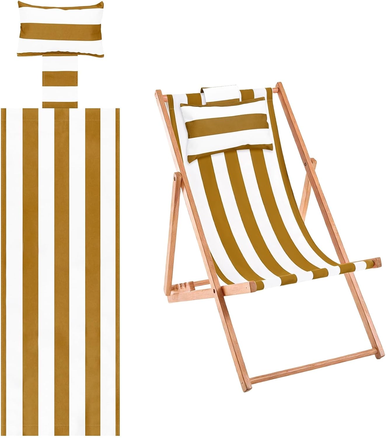 Beach Sling Chair Replacement Canvas, 16x44.5 Inch Folding Lounge Chair Fabric with Pillow for Beach/Sunbathing/Courtyard/Garden [Striped Brown, Only Replacement]