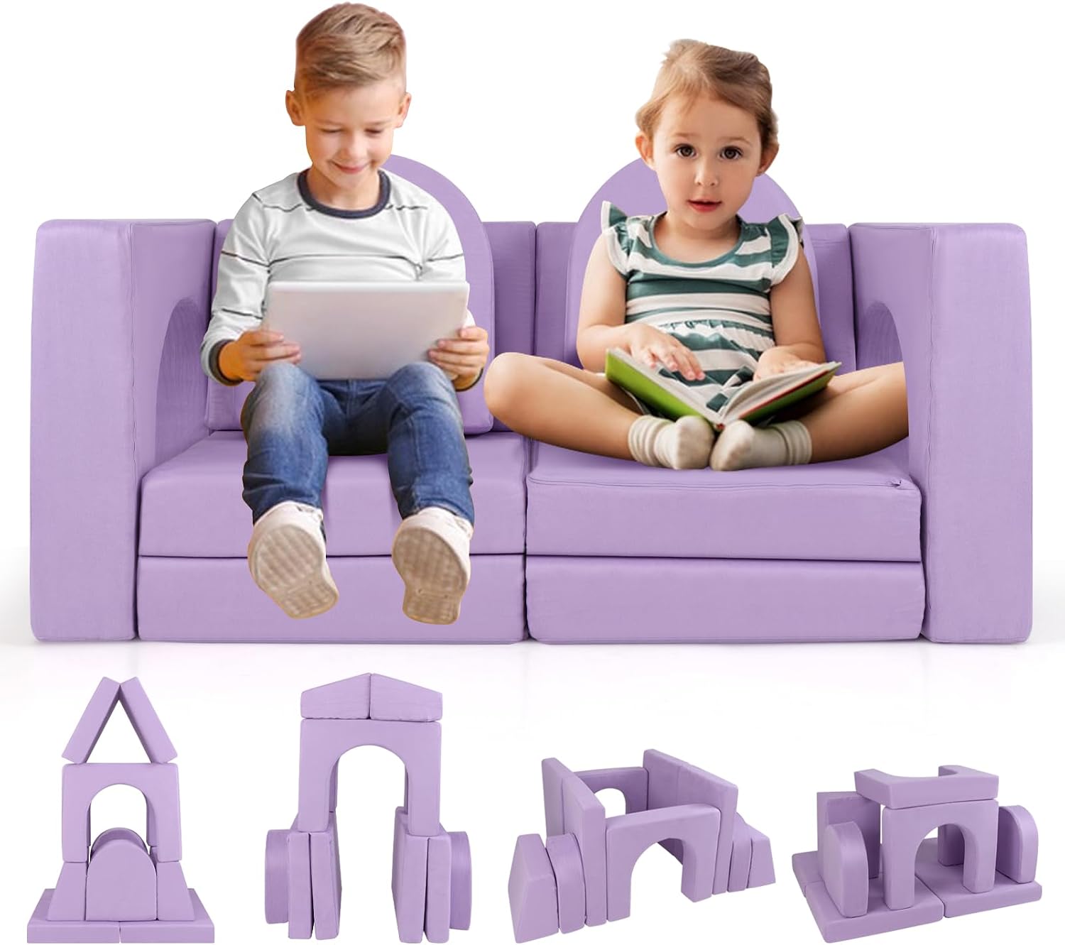 HONEY JOY Modular Kids Play Couch, 8 PCS Imaginative Convertible Foam Children Sofa, Playroom Bedroom Nursery Furniture, for Playing, Creativity, Large Toddler Couch, Gift for Boys Girls (Purple)