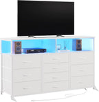 Unionly 55" W 10 Drawers Dresser with LED,Dresser tv Stand for Bedroom | TV stand dresser with LED light,charging station for 55,65 inch TV,Fabric Drawers Dresser with Open shelves for living room