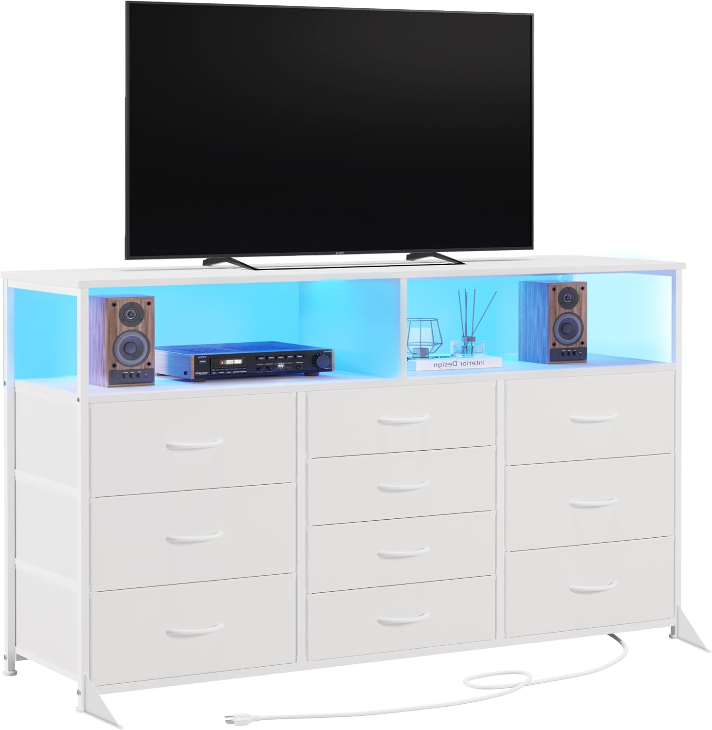 Unionly 55" W 10 Drawers Dresser with LED,Dresser tv Stand for Bedroom | TV stand dresser with LED light,charging station for 55,65 inch TV,Fabric Drawers Dresser with Open shelves for living room