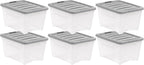Amazon Basics Plastic Storage Containers with Secure Latching Lids, Stackable Organization Bins, Clear/Grey, 32 Quart, Set of 6