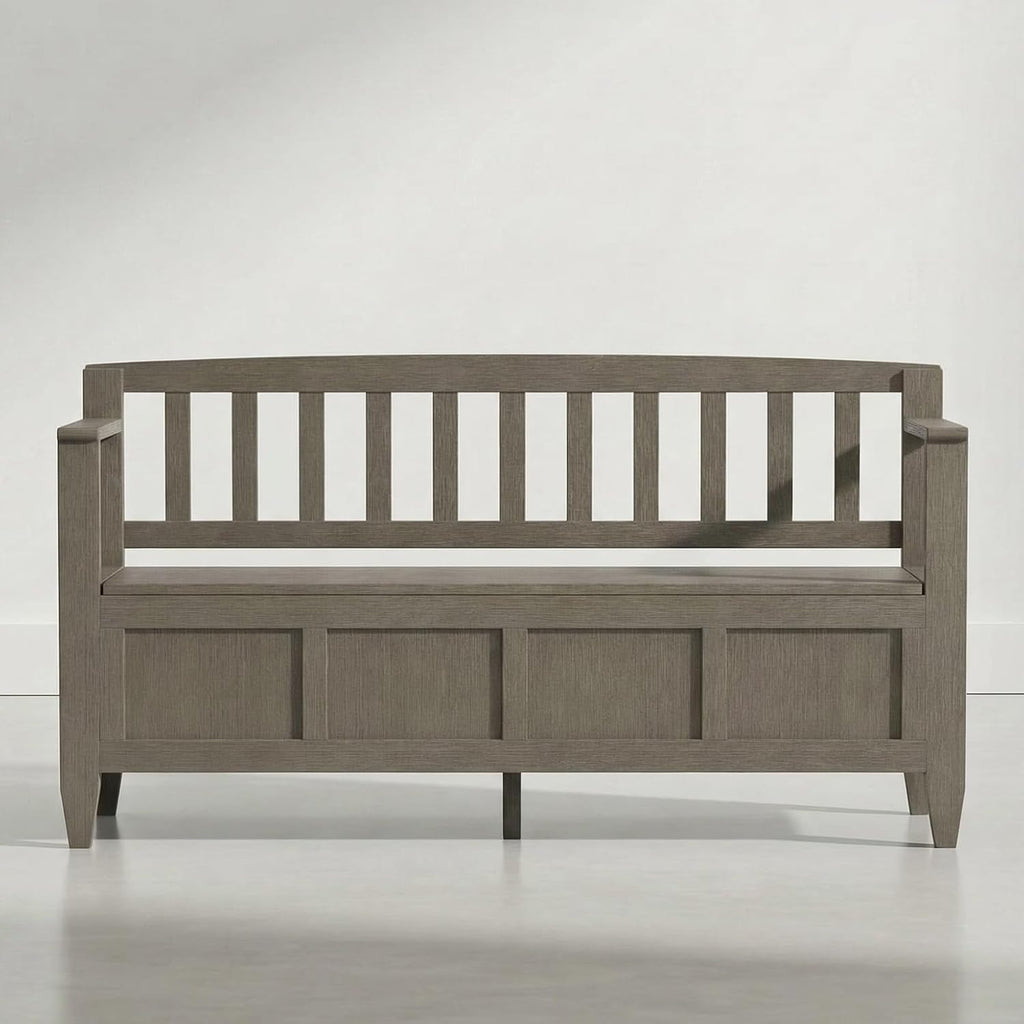 SIMPLIHOME Brooklyn Entryway Storage Bench - 48 inch Wide Solid Wood Storage Seat in Aged Grey, Contemporary Bench for Entryway or Living Room with Lift-Up Lid and Slatted Backrest