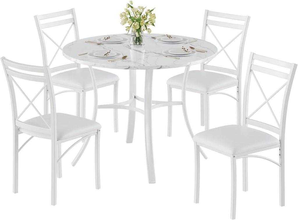 VECELO 5 Piece Dining Table Set for 4 with Chairs, Faux Marble Tabletop, Small Space, Kitchen, Breakfast Nook, White