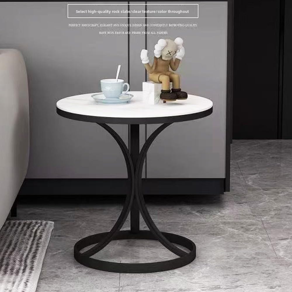 Beautyverve Rock Plate Coffee Tables for Living Room, Modern Small Round Side Table with Marble Top, Outdoor End Table for Patio Bedroom Room, Corner Desk (Snow Mountain White, 19.7 inch, Black)