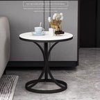 Beautyverve Rock Plate Coffee Tables for Living Room, Modern Small Round Side Table with Marble Top, Outdoor End Table for Patio Bedroom Room, Corner Desk (Snow Mountain White, 19.7 inch, Black)