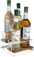 J JACKCUBE DESIGN Cofee Syrup Bottle Holder Rack, Rustic Wood and White Metal Wire 2 Tier 4 Syrup, Wine, Dressing Bottle Countertop Display Storage Stand for Kitchen Coffee Bar- MK816F