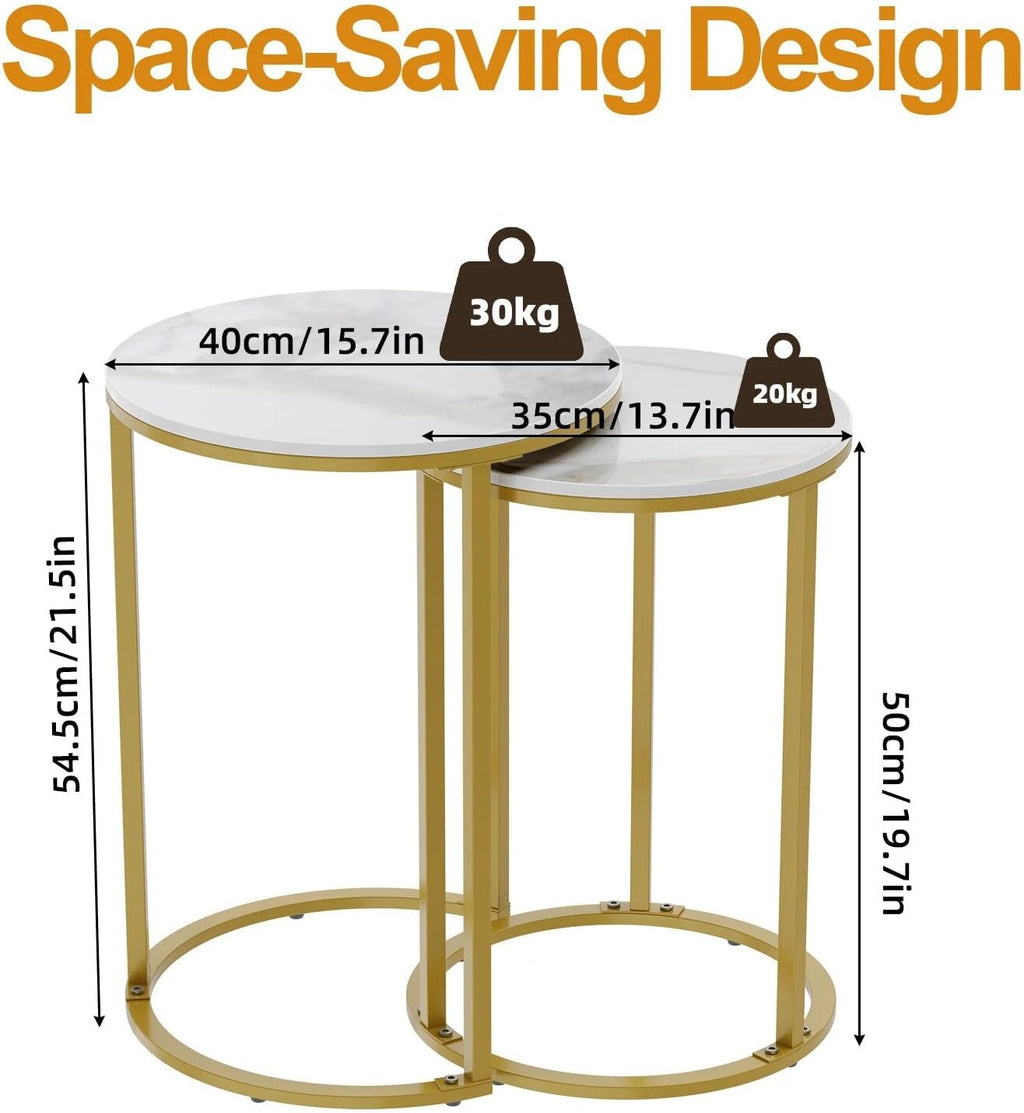 Set of 2 Modern Round Marble Metal Base Nesting Set Side Accent Table Living Room Storage Small End Table Coffee Table, Marble and Gold