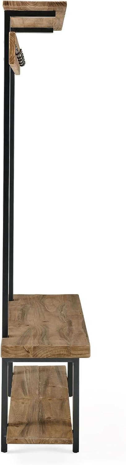 Alaterre Furniture Pomona Coat Hooks – Modern Farmhouse 48" Solid Wood Hall Tree with Bench, Shelves & Metal Coat Hooks – Mudroom & Foyer Storage for Jackets, Bags & Shoes (Rustic Brown)